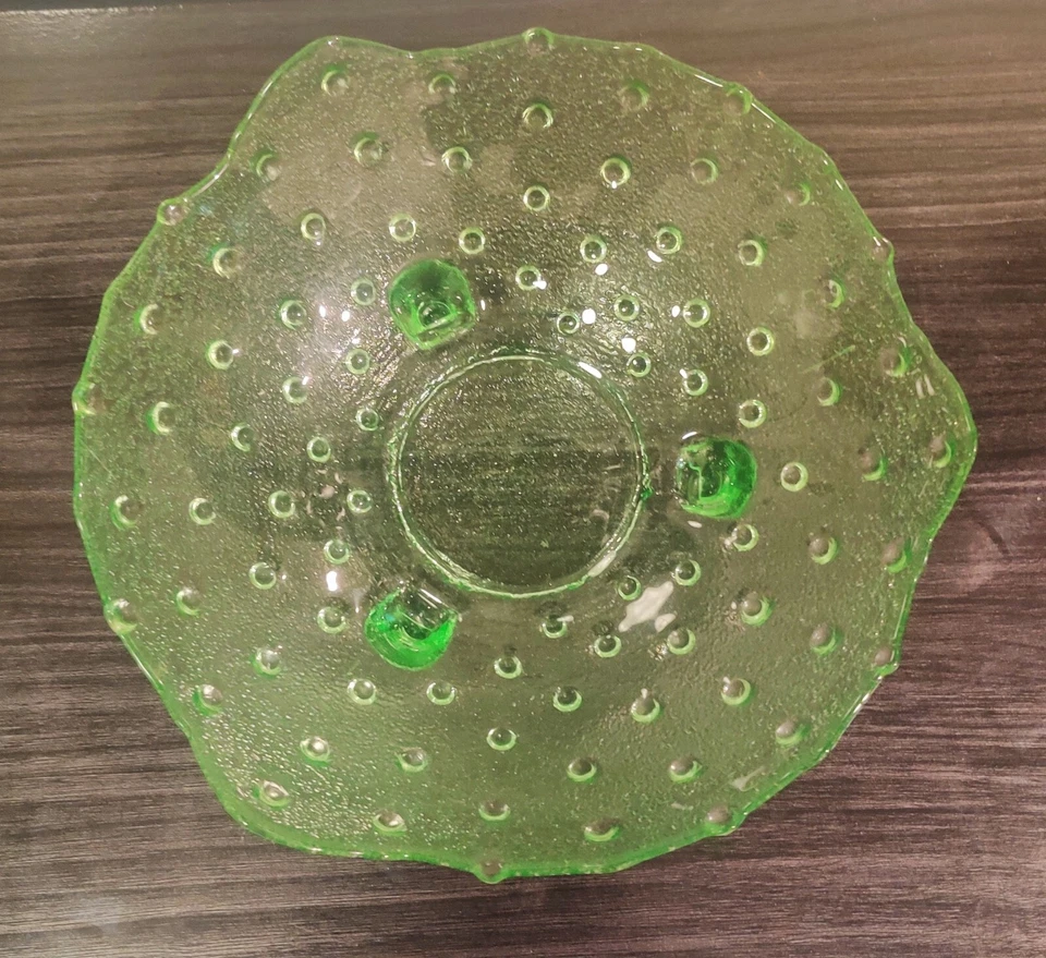 LOT 6 VTG Bowls MCM Green Glass Hobnail Footed Candy Dish Fruit Scallop Edge 9” - Image 4 of 4