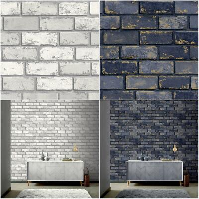Arthouse 3D Effekt Metallic Ziegel Tapete Marine Blau Gold Weiß Silber Stein