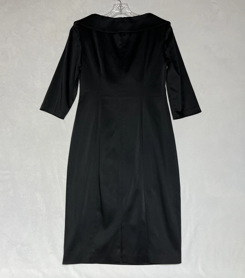 Vestido Vaina Kay Unger 4 Negro Satinado Cuello en V Mantón Cuello Acanalado Cóctel Formal Foto 2 de 4