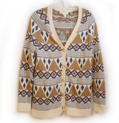 Anthropologie Staring at Stars beige blue geometric button cardigan sweater  M
