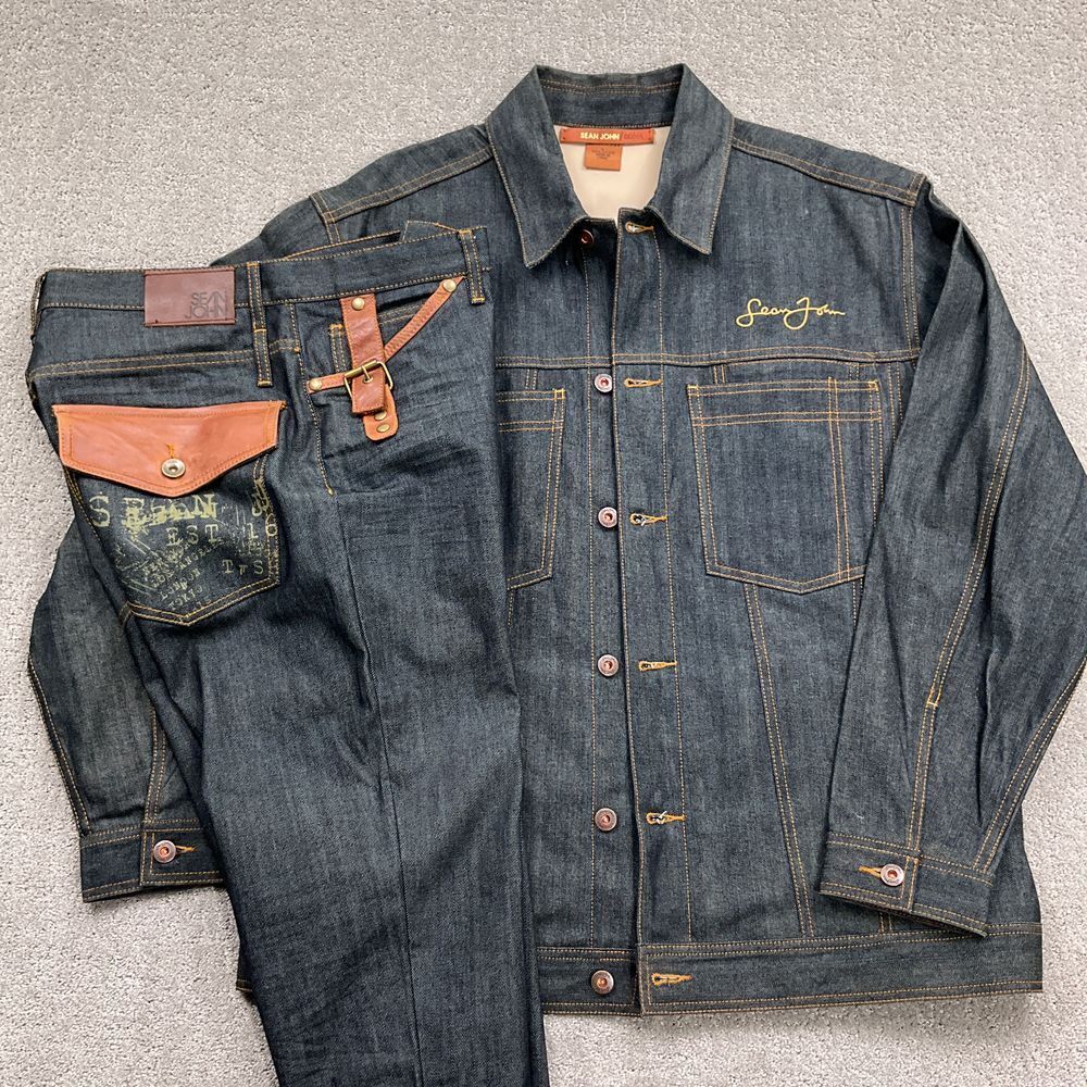Sean John Suit Men L/32W 31L Blue Denim Jacket Jeans Leather Sean John Suit Men L/32W 31L Blue Denim Jacket Jeans Leather