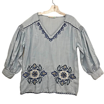 GIVEN KALE Women M Chambray Embroidered Pullover 3/4 Sleeve Top BoHo Cottagecore