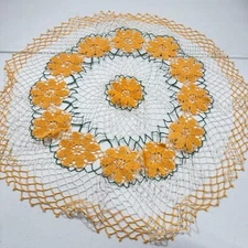 vintage handmade doily tablecloth round floral embroidery orange yellow cotton