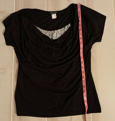 Venus black short sleeve sequins tank attached shirt top size L women's