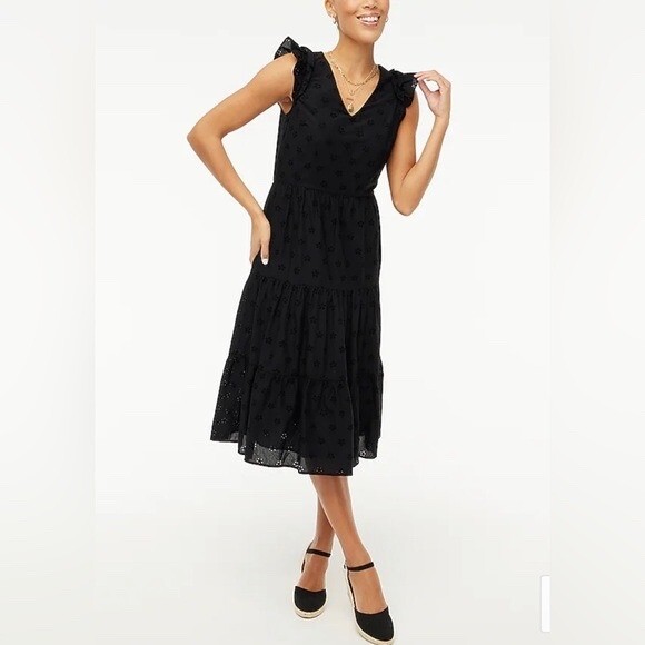 J.Crew Black Eyelet Tiered Midi Dress Ruffle Sleeve Cotton Floral V-Neck 4 s1