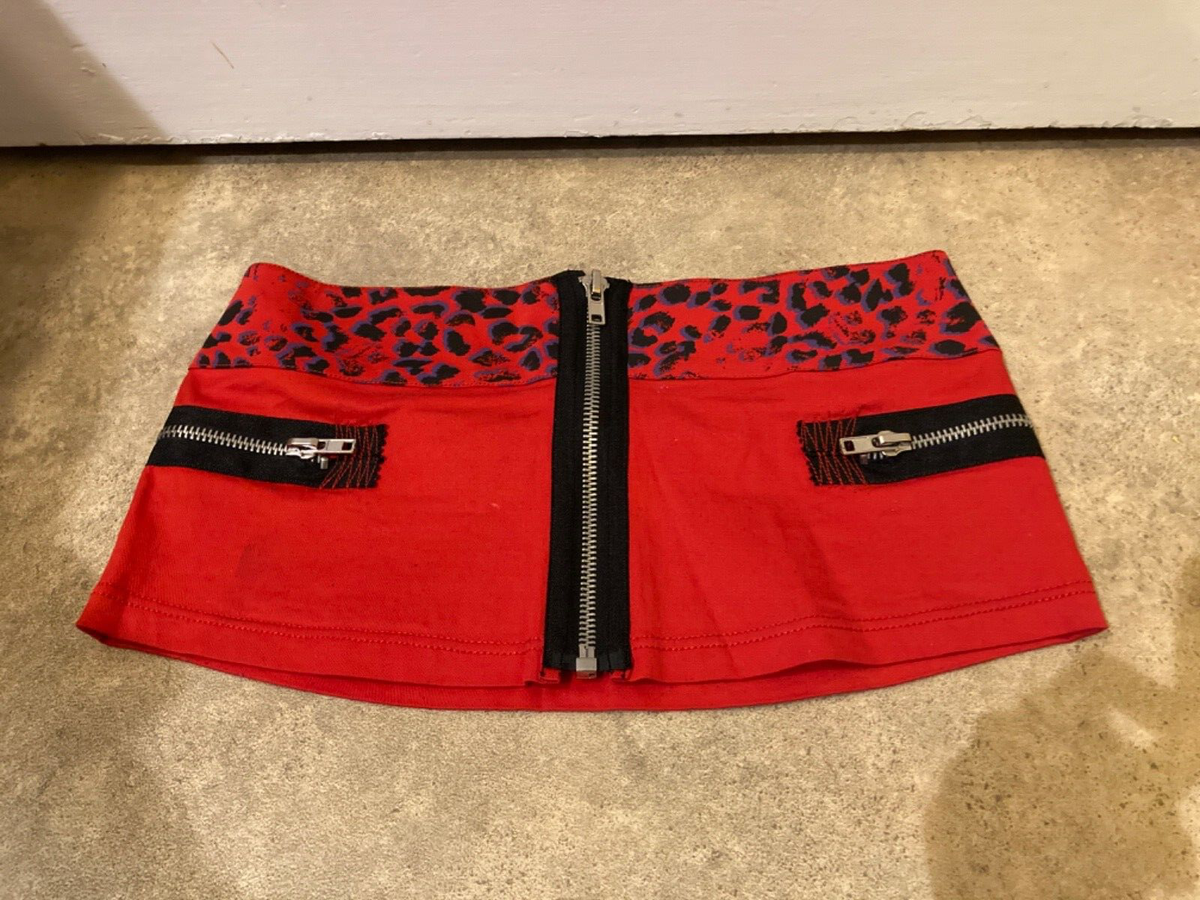 lip service red with leopard print mini skirt with zippers large