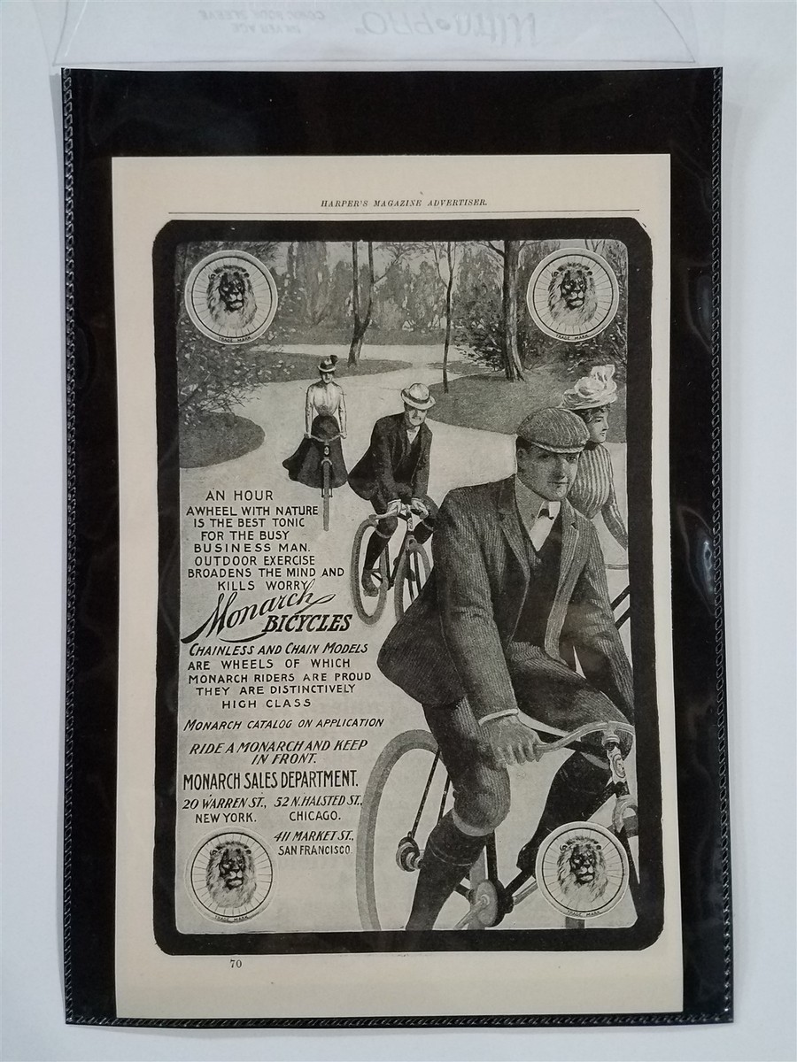 Vintage 1901 Monarch Bicycles Ad Men Women Riding Lions Head