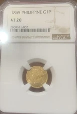 1865 Spanish Philippines Gold 1 Peso - NGC VF 20 Semi-Key Date Very Scarce