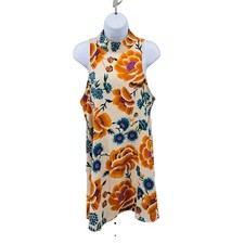 By Together Sleeveless Floral Boho Backless Babydoll Dress Orange M High Neck