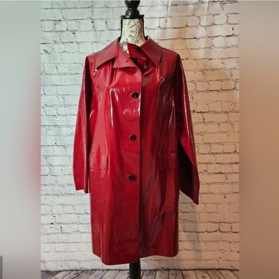 KASSL Editions Original Oil Red Waterproof Button Long Rain Coat Women's Small