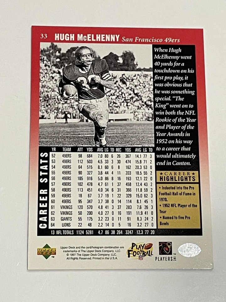 1997 Upper Deck Legends Football #33 - Hugh McElhenny - San Francisco 49ers - Image 2 of 2