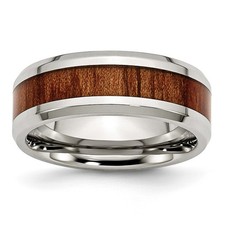 Mens 8mm Polished Stainless Steel Brown Wood Enameled Wedding Band Ring