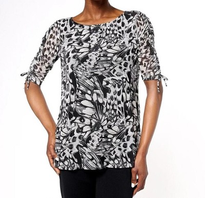 Susan Graver Mesh Bateau-Neck Ruched Shirt Black Smoke size 2X