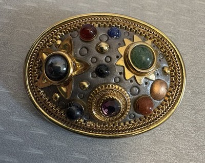 Michal Golan Vintage Brooch Pendant Celestial Multi Gemstone Jeweled Star Oval