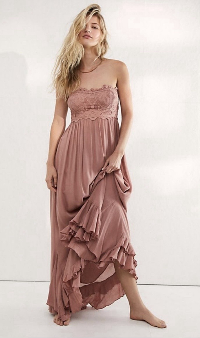FP One Mauve Lace Strapless Strappy Sleeve Maxi Dress Ruffle Hem S/P