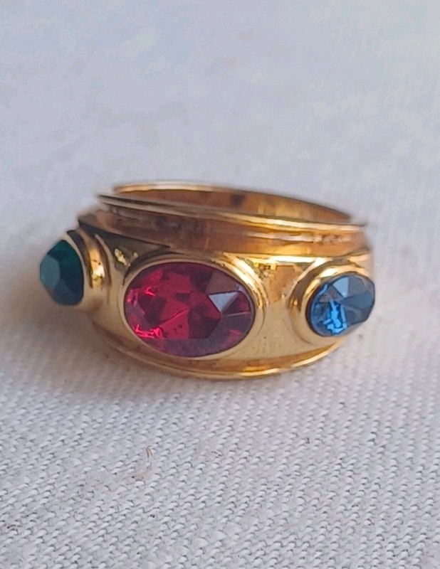 Etruscan Ring Gold Plated Ruby Emerald Sapphire Simulated Stones Sz 6 High End