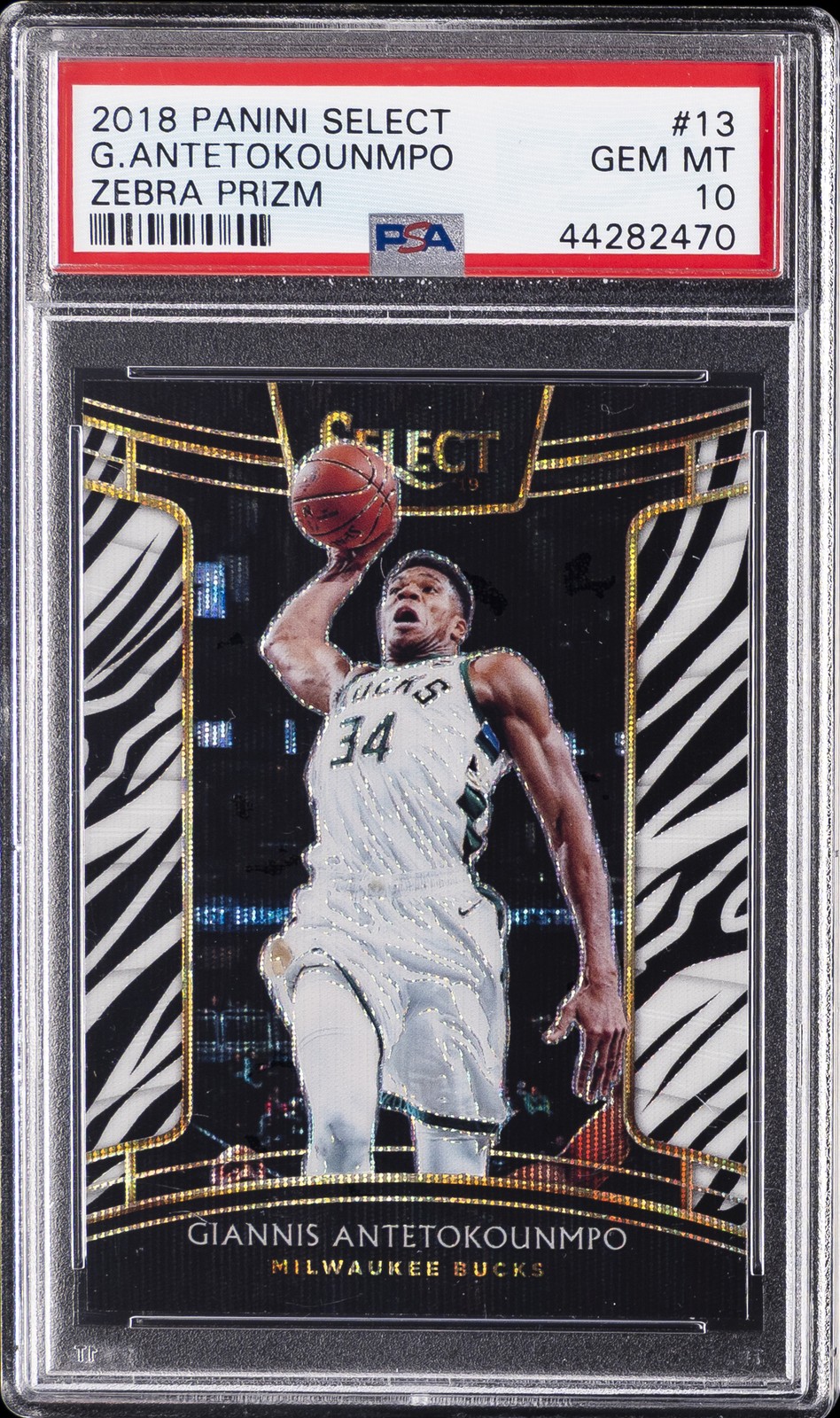 2018 PANINI SELECT ZEBRA PRIZM #13 GIANNIS ANTETOKOUNMPO PSA 10