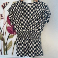 NEW Max Studio Black Check Top Surplice Italy Smocked Italian Bella Picnic Farm