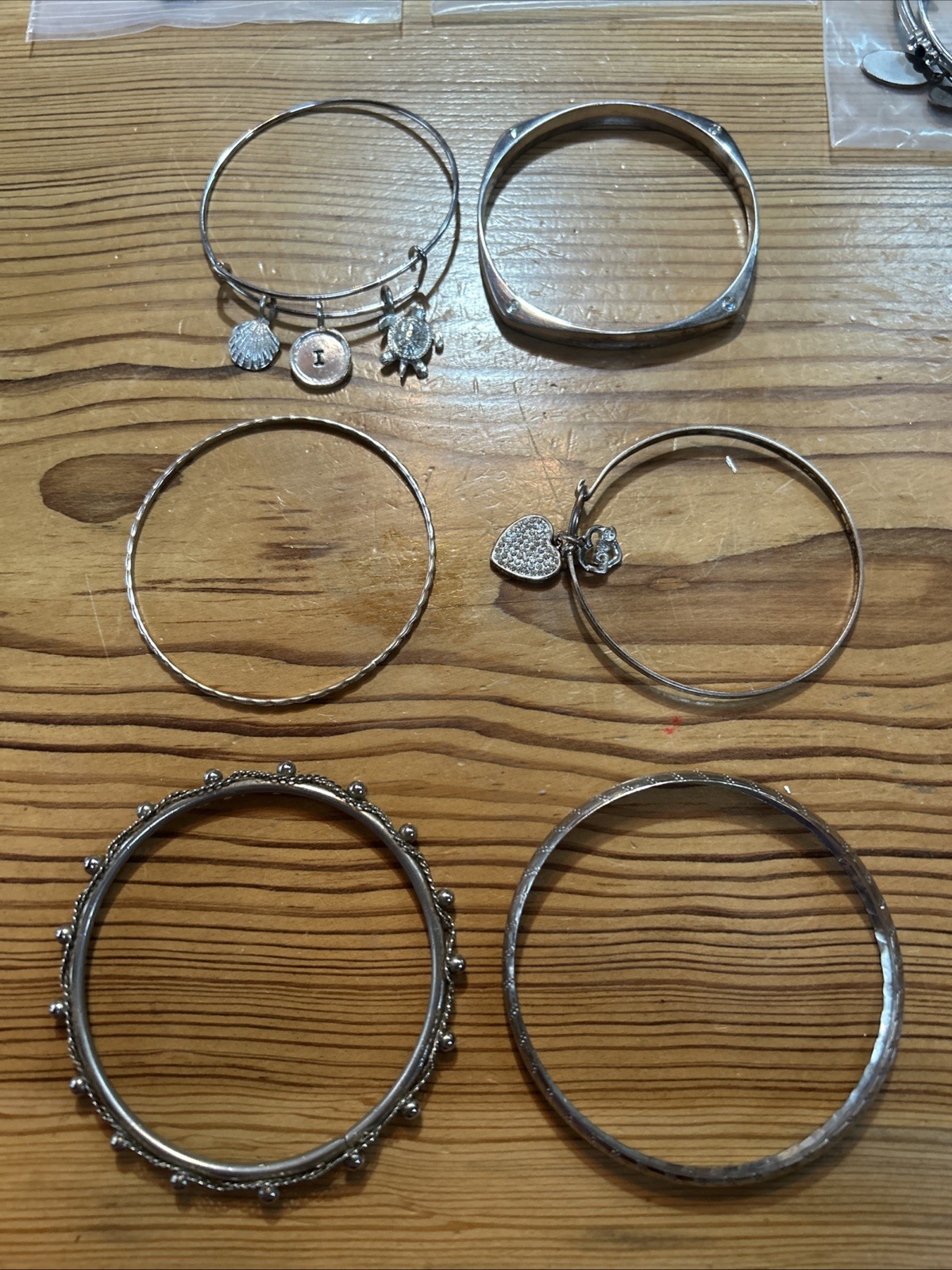 6 Silvertone Bracelets, Turtle, Rhinestone, Heart… - image 1