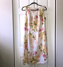 J Jill 100% Linen Floral Shift Dress Womens 8 Sleeveless Midi White Pink Cottage