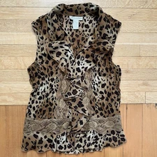 2010s Leopard Sleeveless Blouse Button Front Lace Detail