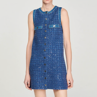 Sandro Kleid Blau Tweed Pailletten Gr. 34 Damen Kurz SFPRO03474