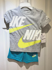 Nike Futura Boys Sz 4 Logo 2 Pc Shorts Set Outfit Grey/Green 40 NWT