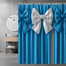 Cute Blue Shower Curtain with White Bows - Stylish Fabric Bathroom Decor