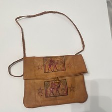Brown Leather Shoulder Bag with Camel Motif and Star Accents