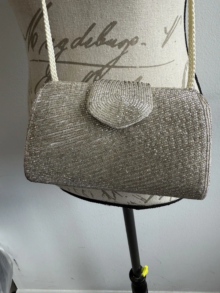 Vintage Neiman Marcus Evening Bag Silver Beaded  Purse chain strap - Image 3 of 4