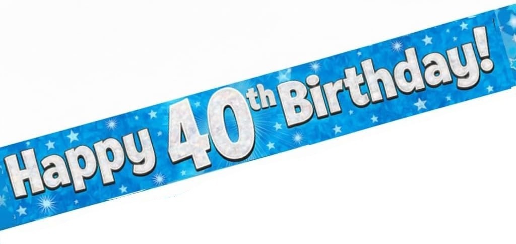 Happy 40th Birthday Blue Silver 9ft foil Banner Party Decoration Holographic