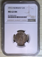 Norway 1913 2 Ore Bronze Coin Haakon VII Semi Key Date NGC MS 62 BN Km#371