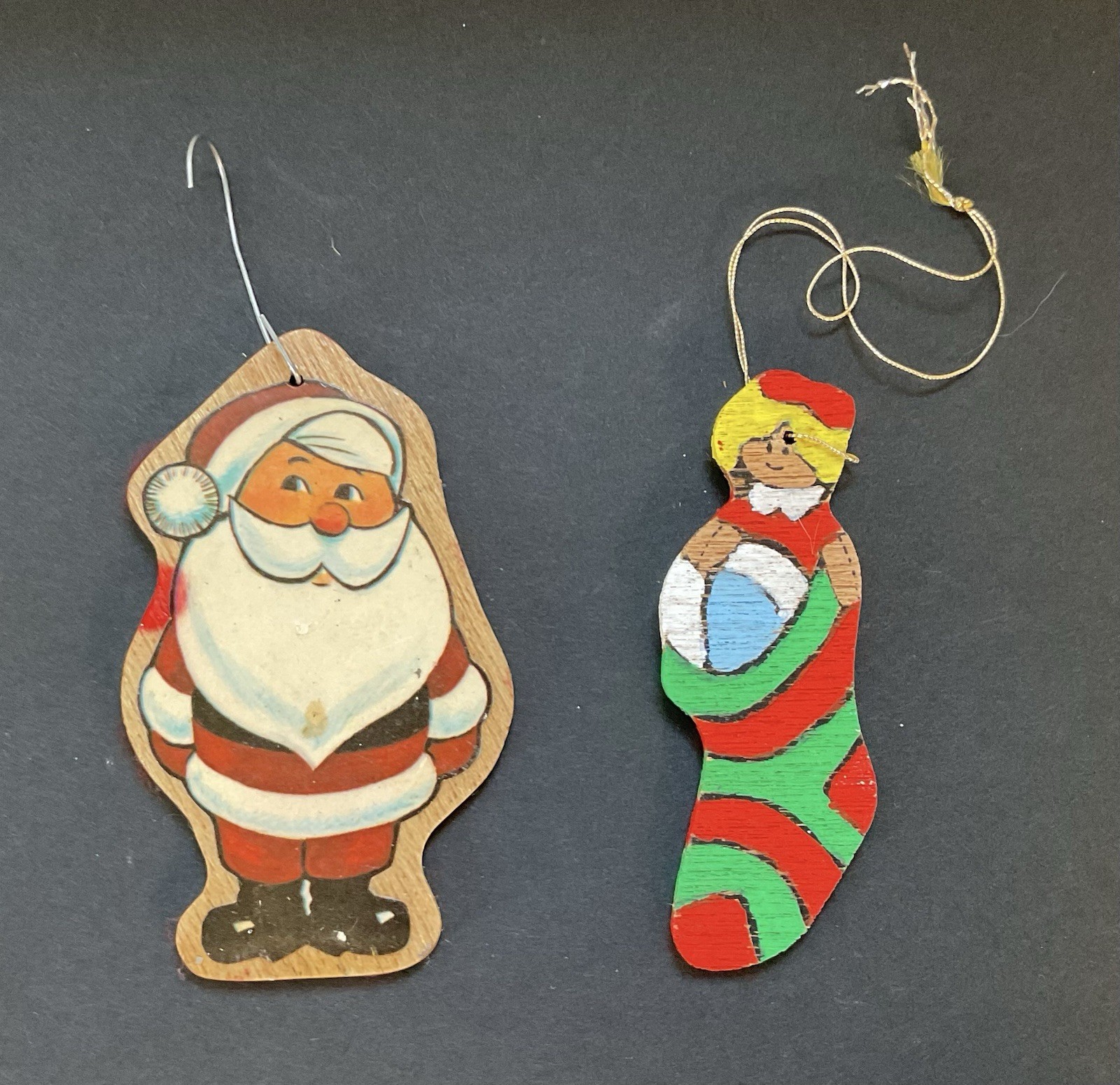 Vintage Wooden Christmas Ornaments Hand Painted Flat Double-Sided Lot of 2