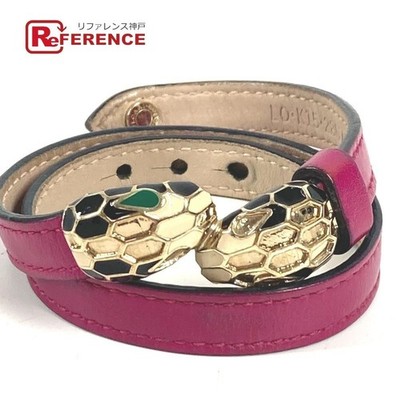 BVLGARI Serpenti Forever Doppel Armreif Logo Armband Leder Roségold Auth