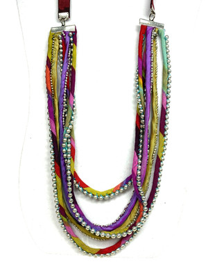 Rainbow Multi Strand Fabric and Silver Bead Necklace Artisan Made 27 + 29.5 Long