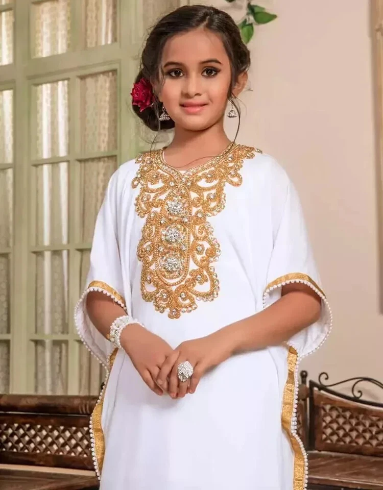 Kaftan Ramzan Eid Sale Stylish Kids Long White Dress Georgette Moroccan Wedding - Image 2 of 4