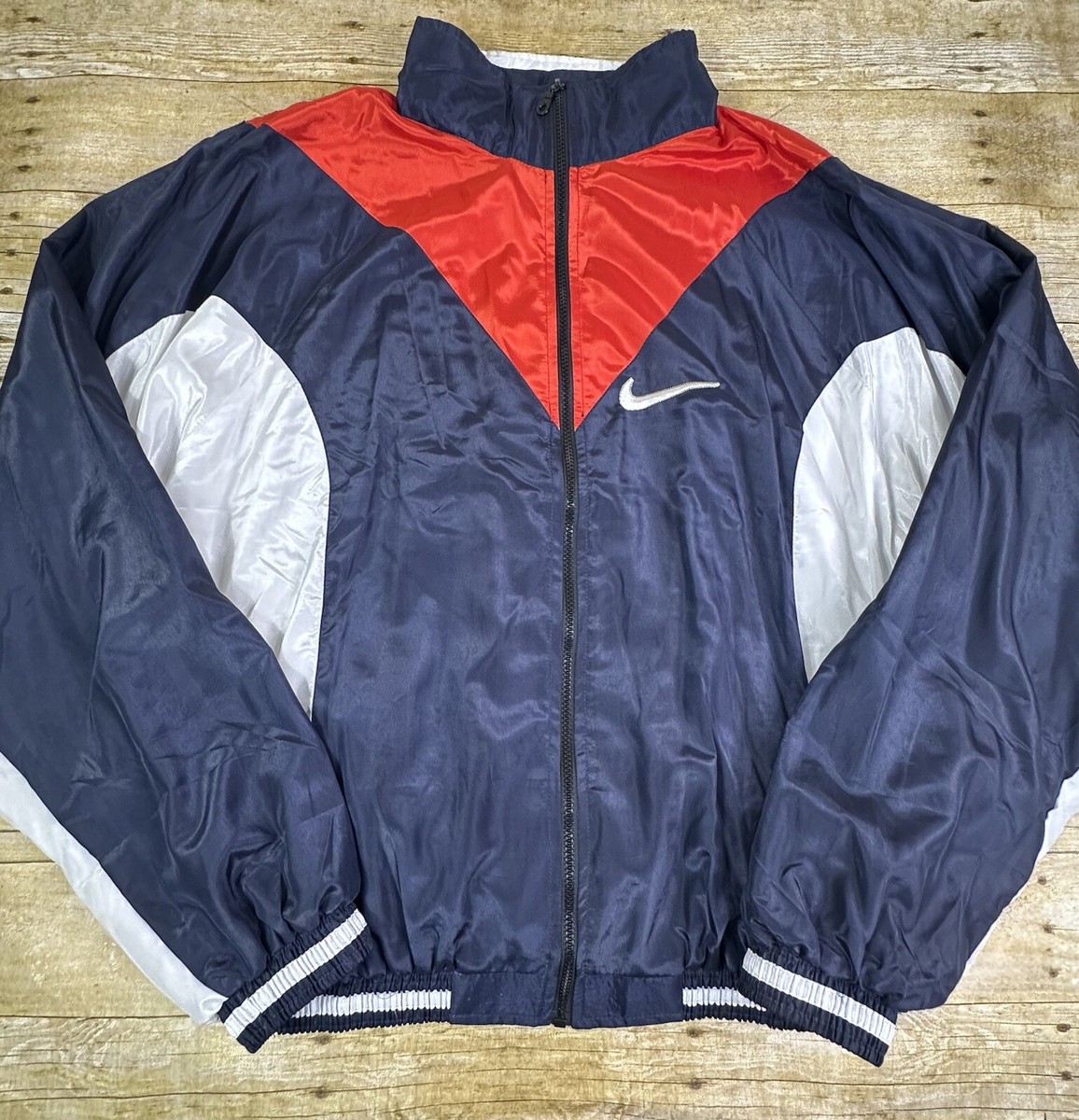 Vintage 90s Nike Swoosh Satin Windbreaker Jacket Navy Blue Red White Men’s  Large