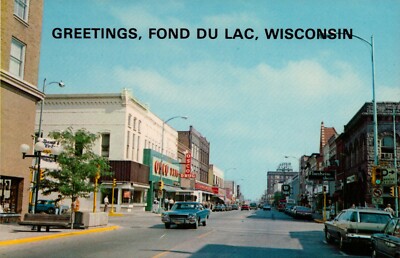 Vintage Postcard Greetings Fond du Lac Wisconsin WI Downtown 1950/60s Main St