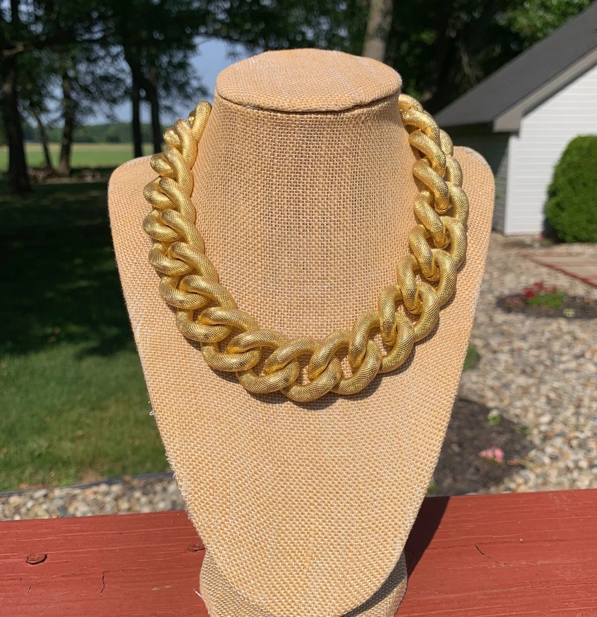 Vintage 1980s Erwin Pearl Chunky Brushed Gold Chain Link Runway Choker Necklace