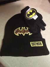 DC Comics BATMAN Black Beanie Hat Gloves Set Boys Black Yellow Silver New