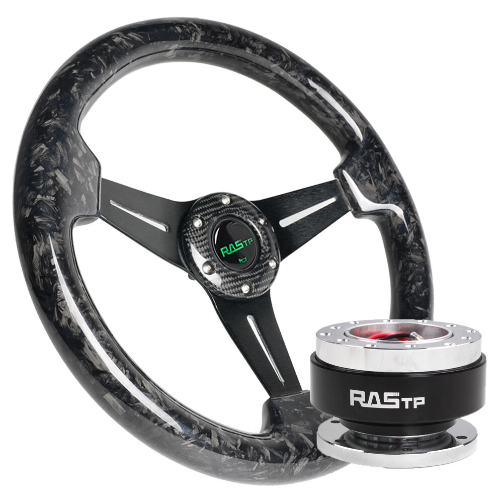 Black Forged Carbon Fiber 14inch/350mm Steering Wheel+Quick Release Adapter