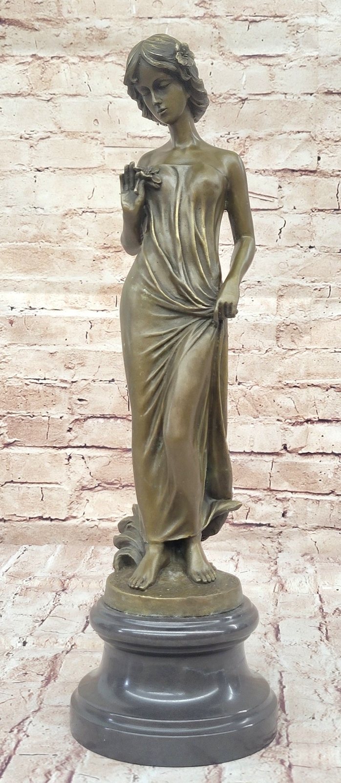 Vintage Victorian Bronze Marble Maiden Garden Statue Art Deco Sculpture