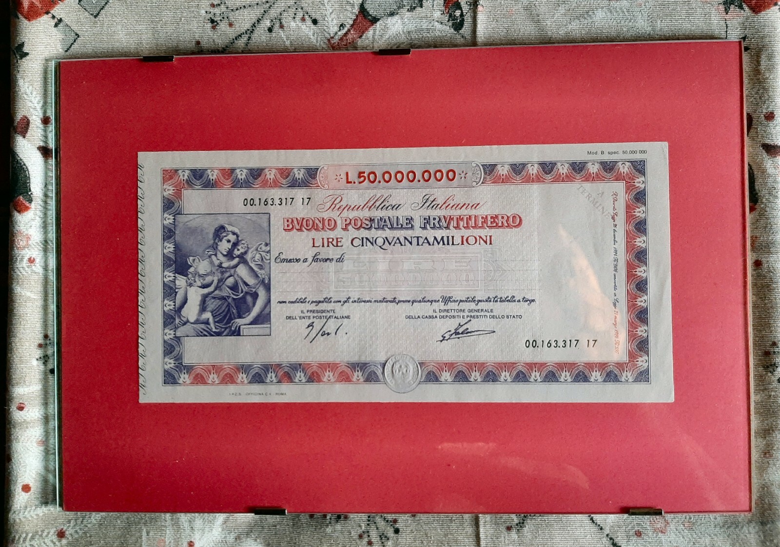 OFFERTA IDEA REGALO 50 MILIONI SU BUONO POSTALE NUOVO con cornice a...