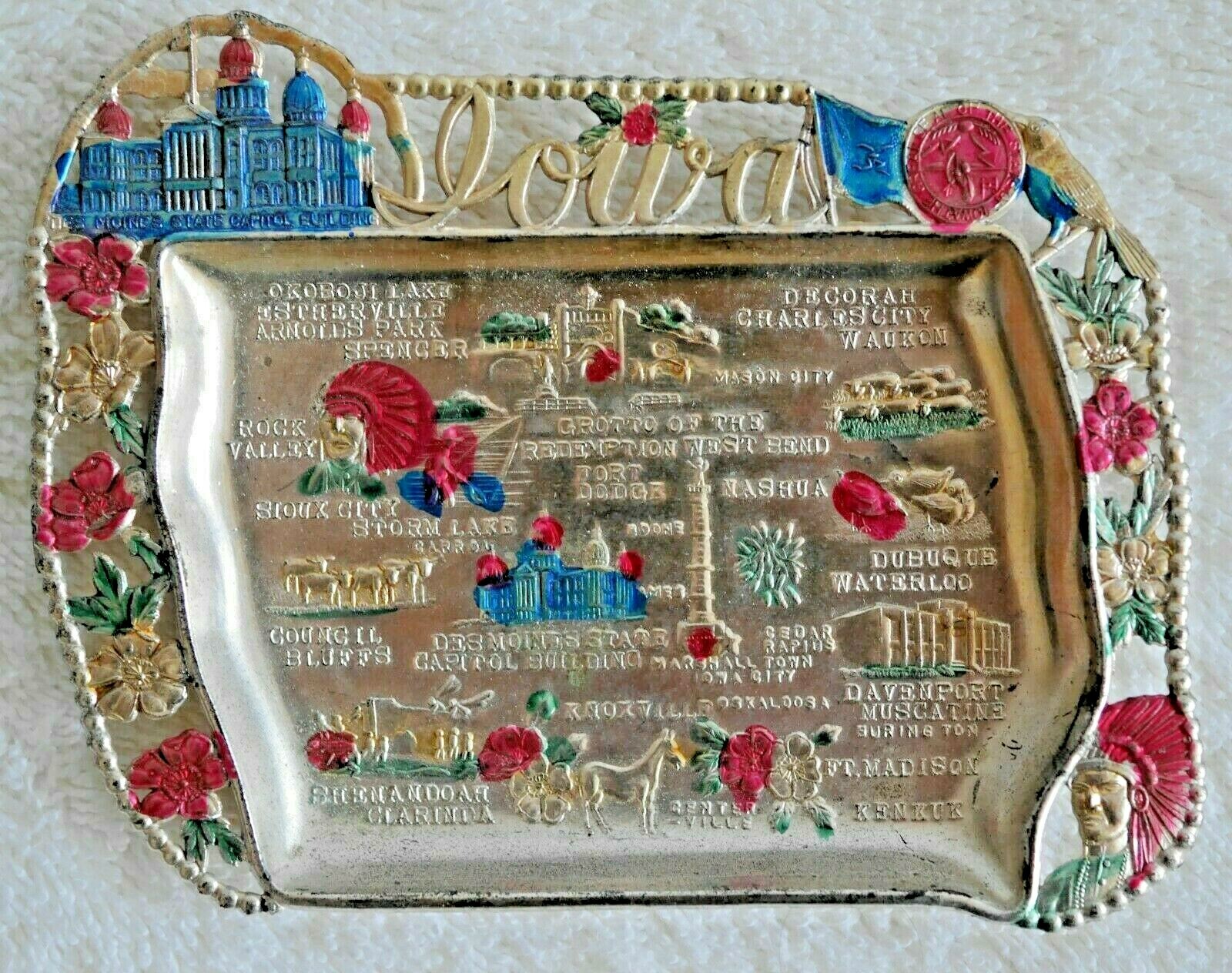 Vintage IOWA SOUVENIR TRAY Des Moines, Grotto, Davenport, Dubuque