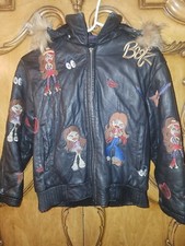 Vintage Kids Leather Embroidery Brats coat with fur hood