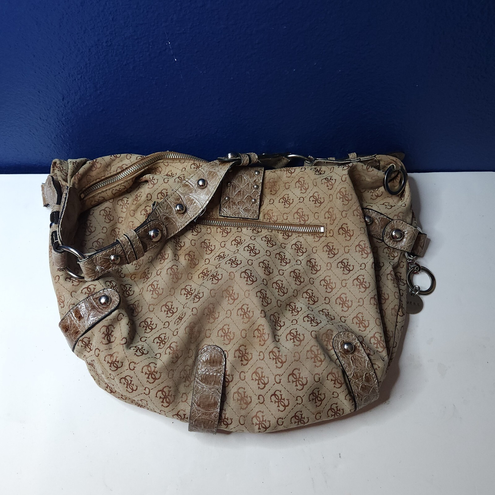 Guess Canvas Faux Leather Tote Handbag Purse Brow… - image 2