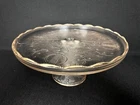 Vintage Jeanette Glass Harp Design Gold Scalloped Rim Cake Stand Pedestal Plate
