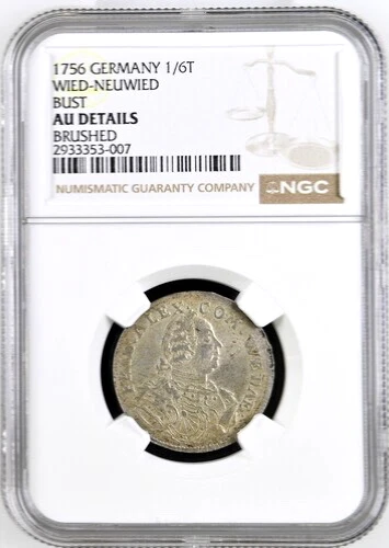 1756 German States Wied-Neuwied 1/6 Thaler, NGC AU Details, KM 43, Germany