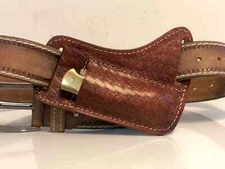 HANDMADE LEATHER ENGRAVED HORIZONTAL 6" SHEATH FOR FOLDING POCKET KNIFE BUCK 110