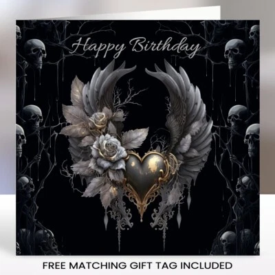 SARAH ELIZABETH COLLECTION Birthday Card with Matching Gift Tag /Gothic theme, Gothic Wings, Alternative